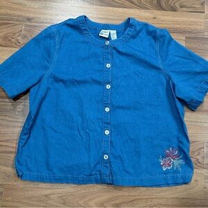 Vintage Koret City Blues Womens Size 18W Denim Floral Embroidered Top